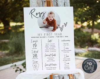May include: A white rectangular baby milestone sign featuring the name Rory, a circular photo of a baby, and text detailing birth stats, firsts, favorite foods, books, and nicknames. The sign includes black handwritten-style fonts and graphics.