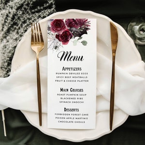 Szablon menu na Halloween w stylu gotyckim, wydrukowane menu na przyjęcie z upiorną pajęczyną, edytowalna dekoracja stołu na Halloween, natychmiastowe pobranie, #H1