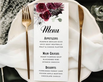 Gothic Floral Halloween Menu Template, Printable Spooky Spiderweb Dinner Party Menu, Editable Halloween Table Decor, Digital Download, #H1