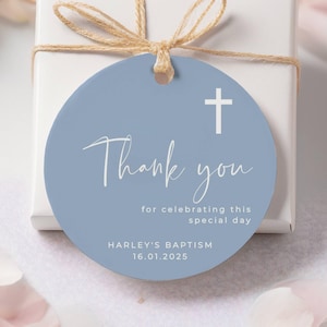 Round Dusty Blue Baptism Favor Tag Template, Printable Christening Gift Tags, Editable Boys Dedication Favor Sticker, Instant Download, #DB