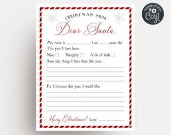 May include: A white Christmas 2026 Dear Santa letter template with a red and white candy cane striped border. The page includes lines for a name, age, nice or naughty checkboxes, good deeds, and a wish list, finished with Merry Christmas.