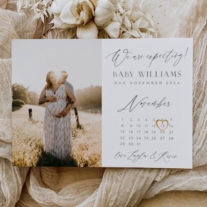 Schwangerschaft Fälligkeit Datum Ankündigung Vorlage, druckbare Kalender Foto Schwangerschaft offenbaren Karte, bearbeitbar Wir erwarten Karte, sofortiger Download