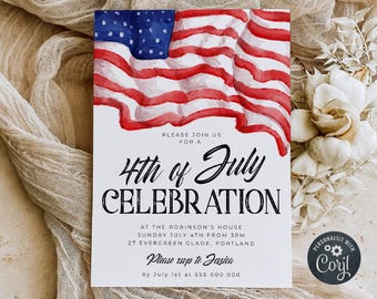 May include: A white invitation card with a watercolor American flag design at the top. The text reads "4th of July Celebration" and includes event details. The invitation is on a beige fabric background.