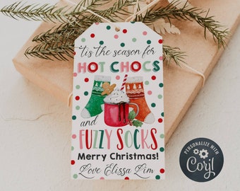 Hot Chocs And Fuzzy Socks Christmas Gift Tag Template, Printable Holiday Socks Favor Tag, Editable Hot Cocoa Xmas Gift Tag, Instant Download