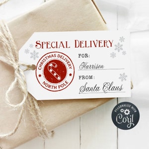 Modelo de etiqueta de entrega especial de Natal para impressão, etiquetas de presente editáveis do Papai Noel Pólo Norte, adesivos de Natal do Papai Noel, download instantâneo