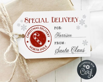 Printable Christmas Special Delivery Tag Template, Editable Santa North Pole Gift Tags, Christmas From Santa Stickers, Instant Download