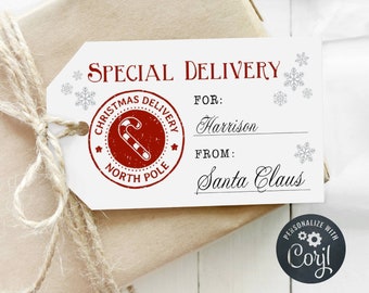 Printable Christmas Special Delivery Tag Template, Editable Santa North Pole Gift Tags, Christmas From Santa Stickers, Digital Download