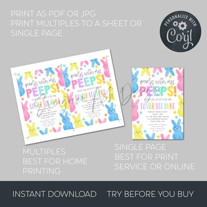 May include: Easter-themed invitation design featuring colorful bunny illustrations and the text "party with my PEEPS!" The design includes options for home printing or print services, with the text "INSTANT DOWNLOAD" and "TRY BEFORE YOU BUY".