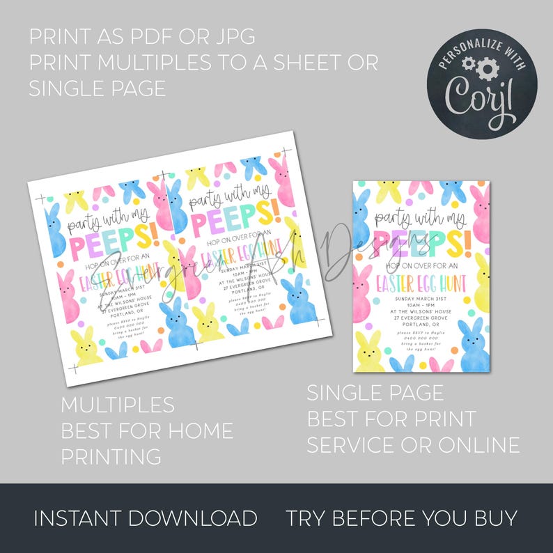 May include: Easter-themed invitation design featuring colorful bunny illustrations and the text "party with my PEEPS!" The design includes options for home printing or print services, with the text "INSTANT DOWNLOAD" and "TRY BEFORE YOU BUY".