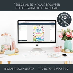 May include: A computer screen showing a colourful pool party invitation with the text "It's a Pool Party" and "Annabelle's 7th Birthday". The invitation is being edited on a website called "Corjl".