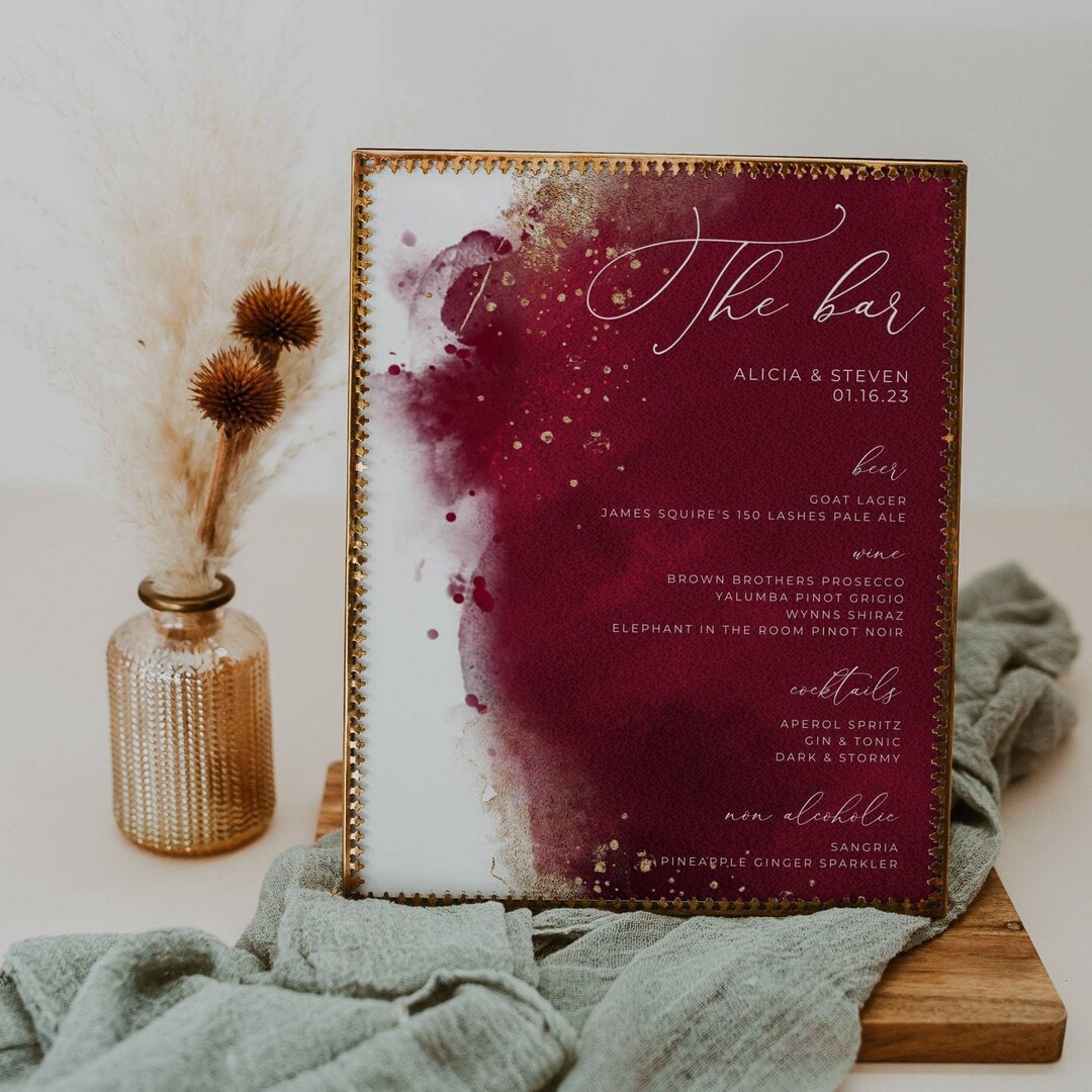 Burgundy Watercolor Bar Menu Template Printable Maroon &amp; Gold - Etsy
