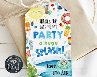 May include: A gift tag with a summer pool party theme. The tag features a smiling sun, pool, and various summer icons. Text on the tag reads "Thanks for making my party a huge splash!" and "Love, Harrison."