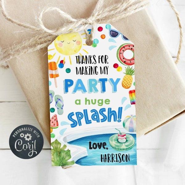 Pool Party Favor Tag Template, Printable Summer Birthday Thank You Tags, Editable Boys Swim Birthday Party Gift Tags, Instant Download, #PP