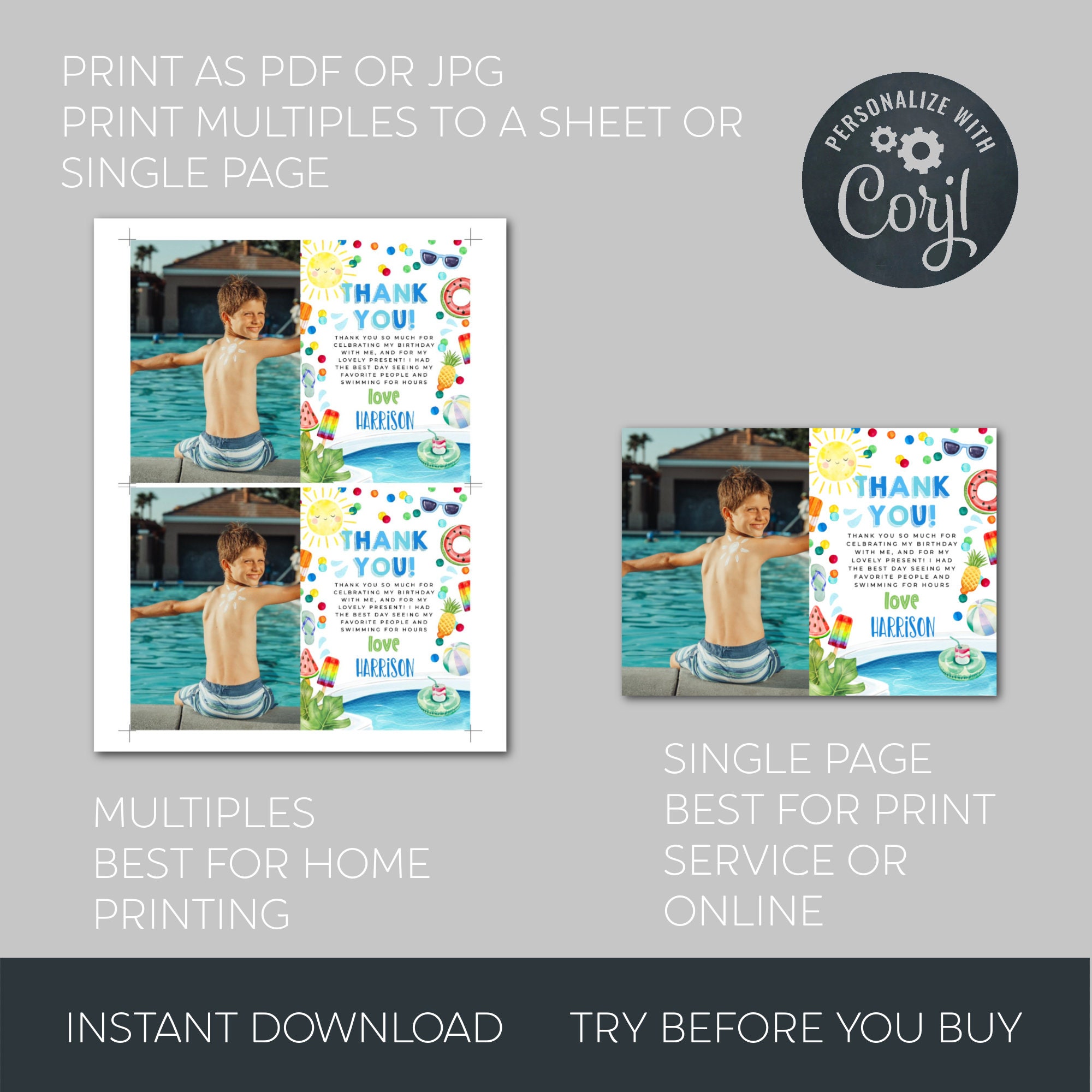 Pool Party Birthday Photo Thank You Card Template Printable - Etsy