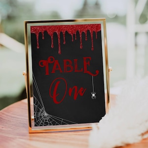 Halloween vampierbloed tabel nummersjabloon, afdrukbare glitter bloeddruppel tafelborden, bewerkbaar spookachtig gotisch decor, instant download, #VP