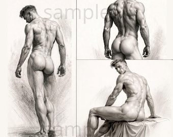 Set of 3 Male Figure Charcoal Drawings – Minimalist Anatomy Art - Gay Art l Vintage