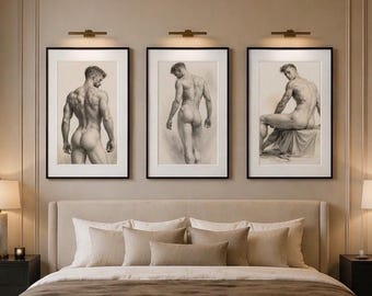 Set of 3 Framed Male Figure Charcoal Drawings – Minimalist Anatomy Art 12 x  12