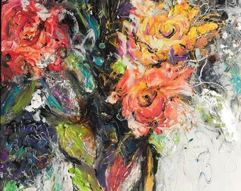 Acrylic painting mixed media for decoration bouquet of abstract flowers