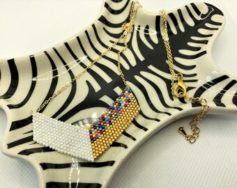 Colour block | beaded | handmade | statement | necklace | gold | white | multi-colour | contrast | geometric | seed beads | Fandangle | UK