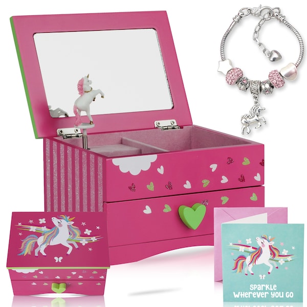 Boîte à bijoux licorne pour fille et bracelet à breloques - PLUS une expérience de réalité augmentée avec Itsy Unicorn © (rose) - Jouets STEM pour filles