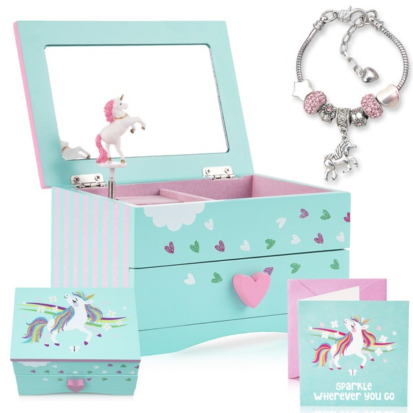 Unicorn Jewelry Box for Girls & Charm Bracelet - PLUS Augmented Reality Experience Featuring Itsy Unicorn © (Mint) - STEM Toys For Girls