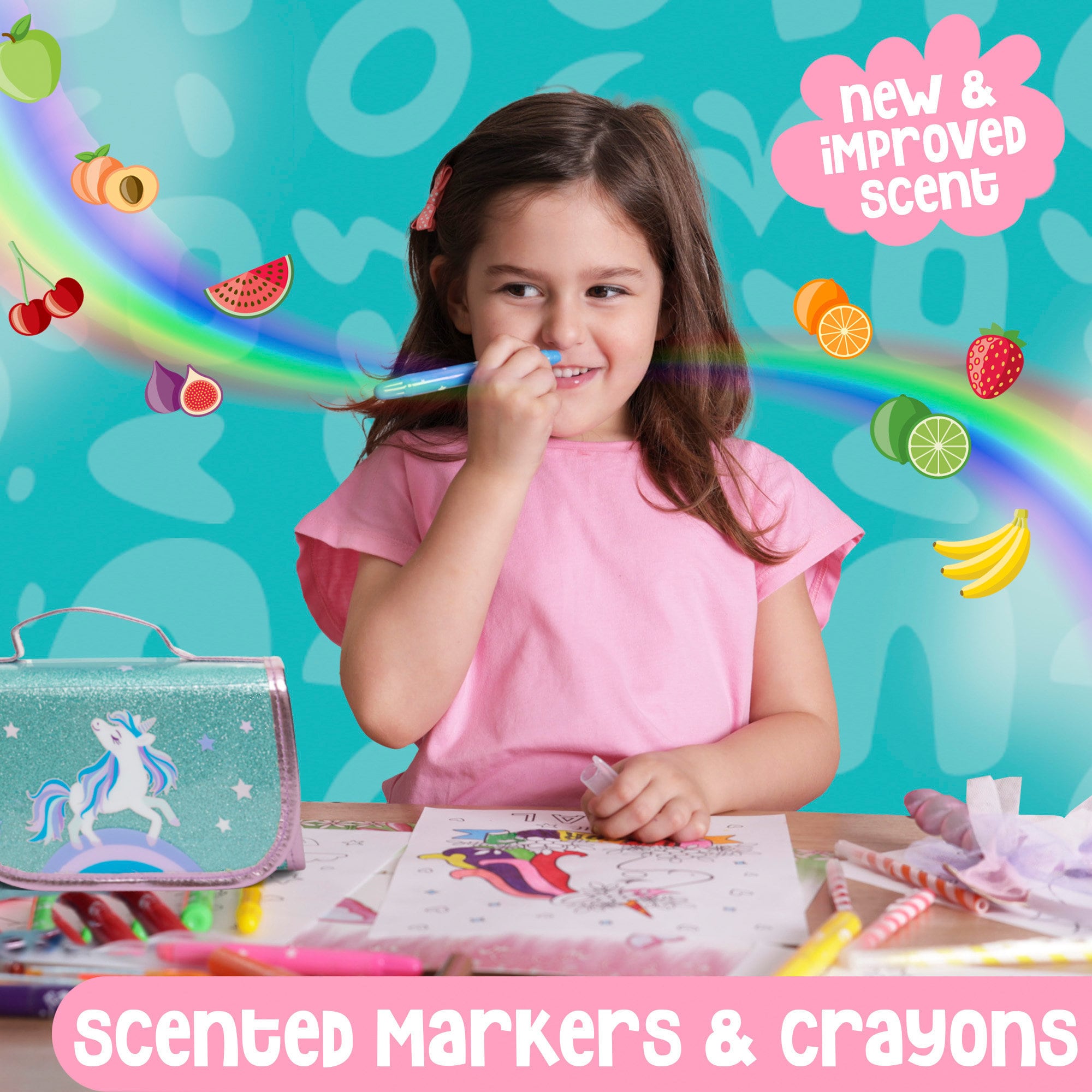 Fruit Scented Markers Set 56 Pcs with Glitter Mermaid Pencil Case