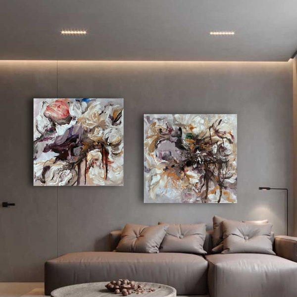 Spring Flowers Pantone Mushroom Color Lavender Peach Fluff Painting in Modern Home Interior Wall Decor