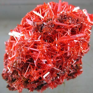 Könnte beinhalten: Nahaufnahme einer Mineralprobe. Das Bild zeigt einen Cluster aus leuchtend roten, nadelförmigen Kristallen, mit einigen weißen kristallinen Strukturen. Die Textur ist rau und stachelig, mit einem natürlichen, erdigen Aussehen.