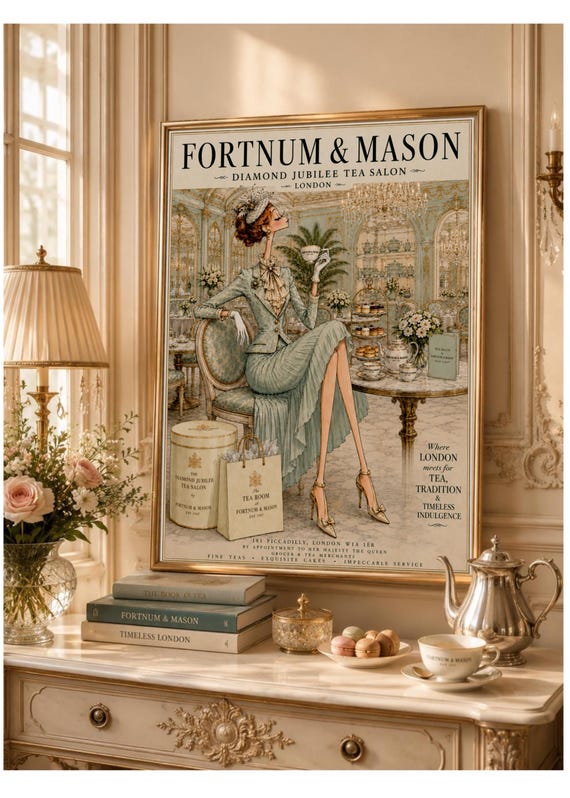 Fortnum & Mason Tea Salon Print | London Tea Room Poster | Vintage Fashion Illustration | Elegant British Wall Art | Luxury Gift