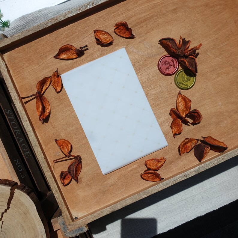 May include: A white card with a subtle pattern of small dots is displayed on a wooden surface. The card is surrounded by dried leaves and two wax seals, one red and one green.