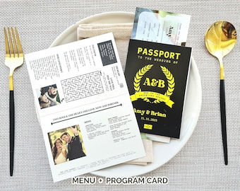 Printed Passport Wedding Menu & Program: Travel Theme Card