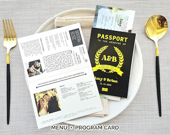 Wedding Menu and Program Passport Boarding Pass, Printed Travel Theme Program Card, Event Programs, Wedding Menu