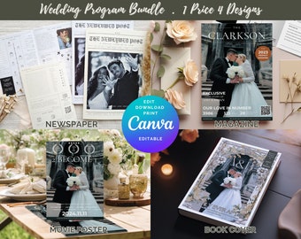 Wedding Program Template Bundle, Newspaper Program Template, Magazine Foldable Wedding Program, DIY Birthday Programs, Event Party Program