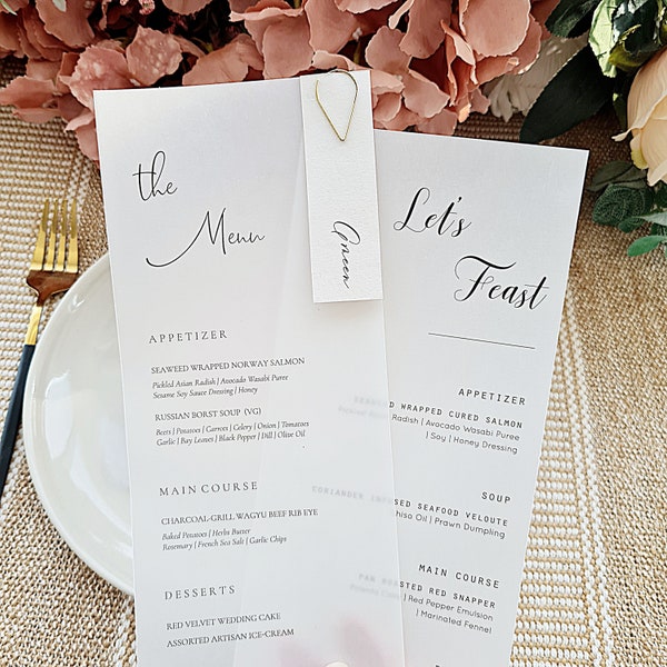 Wedding Vellum Menu Card, Place Card with Luxury Menu Minimalist Vellum Paper Menu Card, Baby Shower Menu, Elegant Birthday Menu, Party Menu