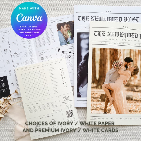 Printed Wedding Newspaper Program, Folded Newspaper Wedding Program, Editable Wedding Programs, Foldable Infographic Wedding Program