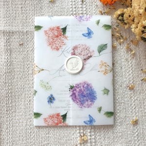 Hydrangea Vellum Jacket Pre-folded Floral Vellum Wrap For 5x7 Wedding Invitation, Garden Theme Translucent Vellum Wrap Spedizione espressa gratuita