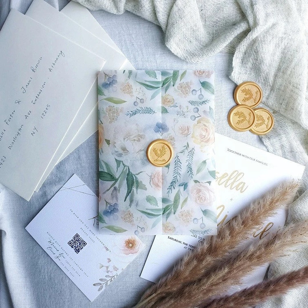 Blushing Vellum Wrap, Vellum Jacket for 5X7 Wedding Invitations, Boho