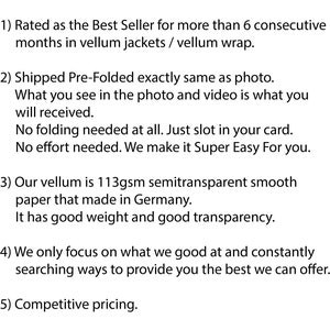 May include: A list of reasons why to choose a particular seller. The list includes reasons such as being a best seller, pre-folded items, high-quality vellum paper, and competitive pricing.