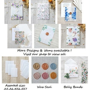 May include: Assortment of watercolor floral patterned envelopes with wax seals and belly bands. The envelopes are available in various sizes: A5, A6, 4x6, and 5x7 inches.