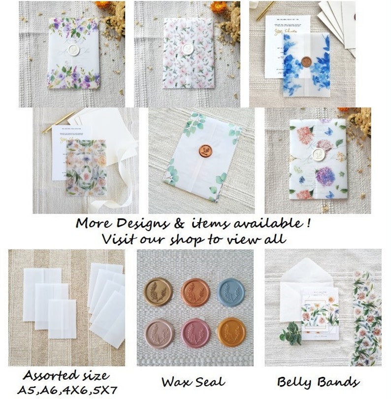 May include: Assortment of watercolor floral patterned envelopes with wax seals and belly bands. The envelopes are available in various sizes: A5, A6, 4x6, and 5x7 inches.