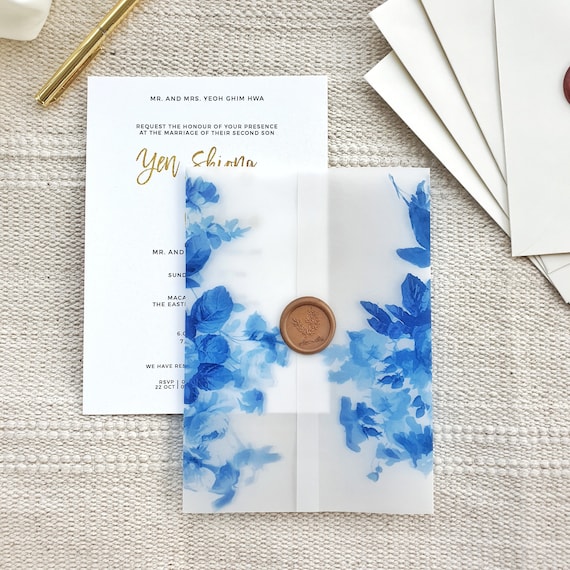 Blue Hydrangea Floral Vellum Jacket For 5 X 7 Wedding Invitation - Cotton Willow Design Co