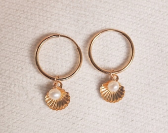 Shell and Pearl gold filled hoop earring, gold filled, sterling silver, minimalist jewellery, dainty earrings, gift for her