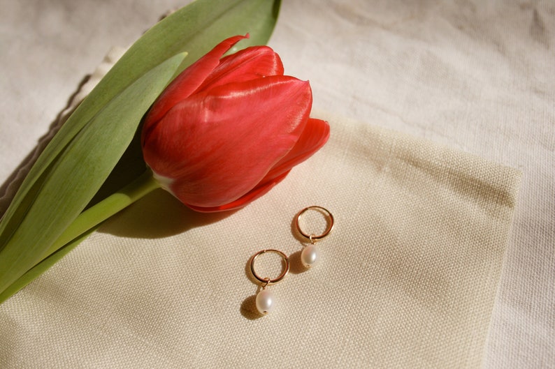 Dainty Pearl Hoop Earrings Gold Silver Options Gift for Her Silver Pearl Hoops Huggie Hoops Non-Rust Non-Tarnish Jewelry image 1