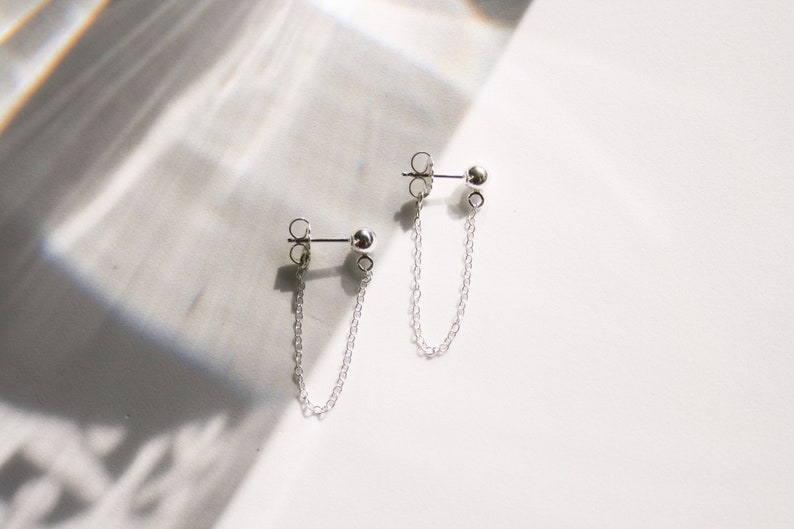 Ball and Chain Stud Earrings, connected chain earrings, silver jacket earrings, gold filled stud, sterling silver stud, gold chain earrings image 1
