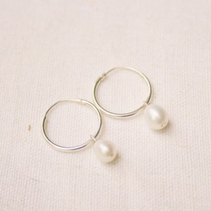 Dainty Pearl Hoop Earrings Gold Silver Options Gift for Her Silver Pearl Hoops Huggie Hoops Non-Rust Non-Tarnish Jewelry image 5