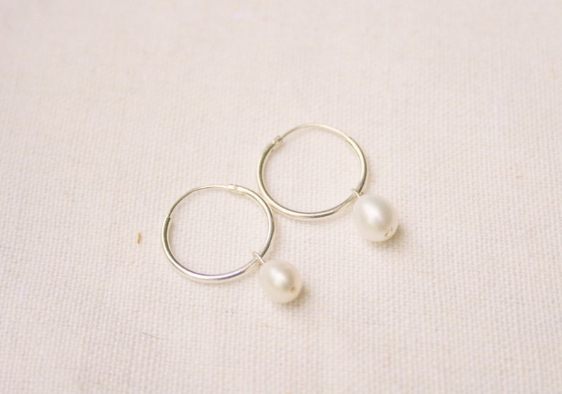 Dainty Pearl Hoop Earrings Gold Silver Options Gift for Her Silver Pearl Hoops Huggie Hoops Non-Rust Non-Tarnish Jewelry image 5