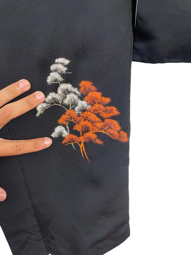 Japanese Tree Jacket Vintage Black Haori Kimono Jacket – Hand-painted Trees – Japanese Silk ...