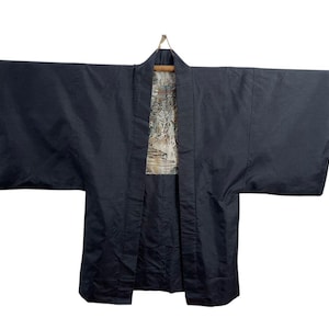 Vintage Japanese Silk Haori Kimono – Blue Jacket with Handpainted Silk Lining Japanese Village Landscape Art