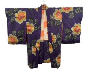 Haori vintage de seda morada para mujer: chaqueta kimono japonesa con estampado floral