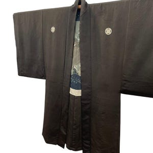 Vintage Japanese Montsuki Haori | Black Silk with Family Crests & Hand-Painted Scenic Lining | Formal Kimono Jacket